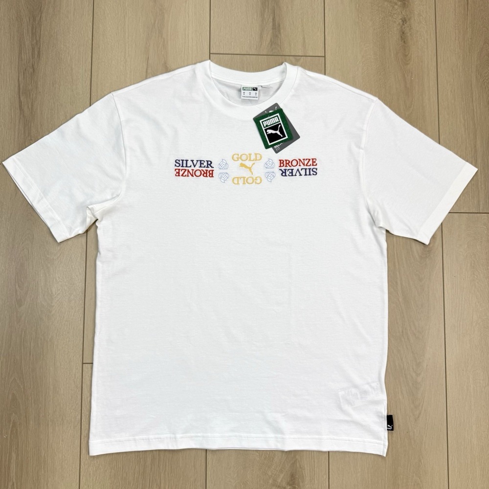 NEW Puma Gold Silver Bronze Graphic T-Shirt Men's M White Cotton Relaxed Fit